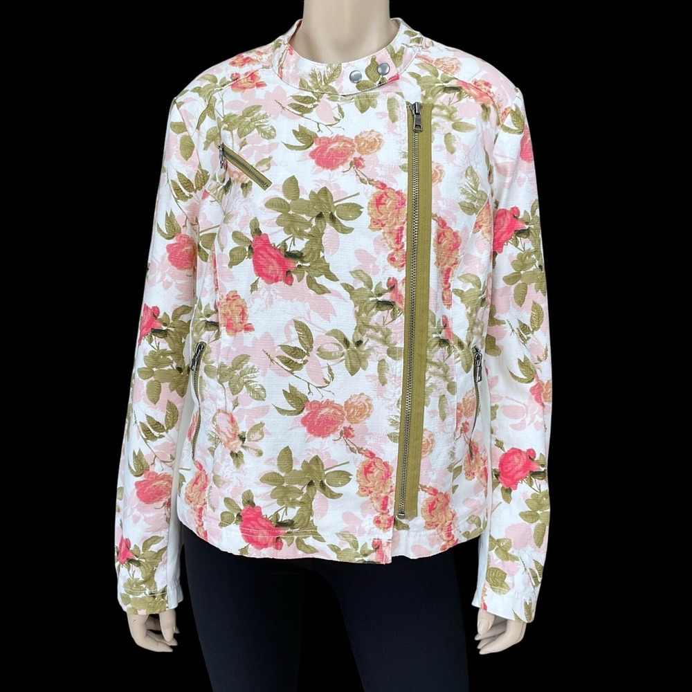 Lane Bryant Jacket Women 18 Ivory Pink Floral Long Sleeve Zip Moto Pockets NWT - Picture 1 of 16